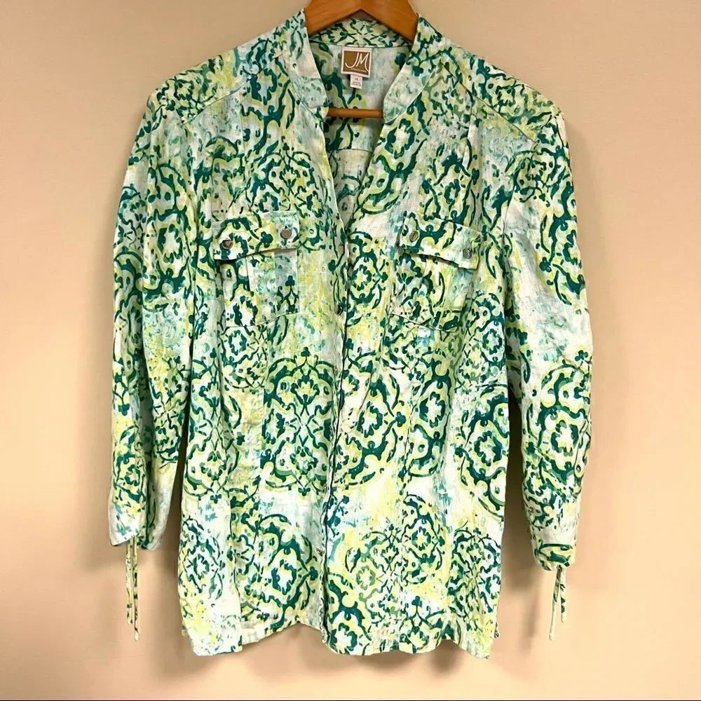 👠JMcollection linen button down bold print with cinched sleeves. Size 14